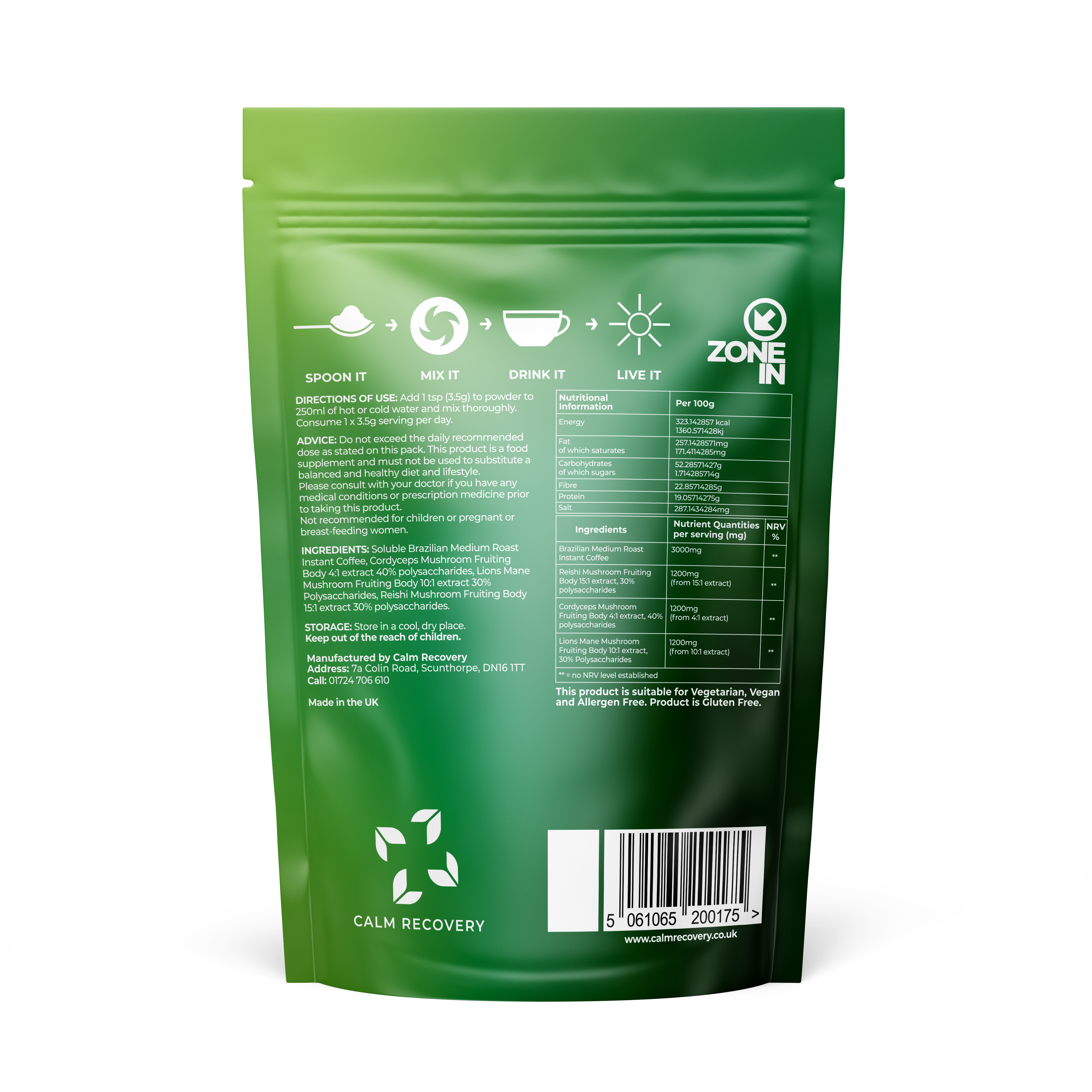 Zone In Coffee Pouch Back showing Directions, Ingredients and Nutrition