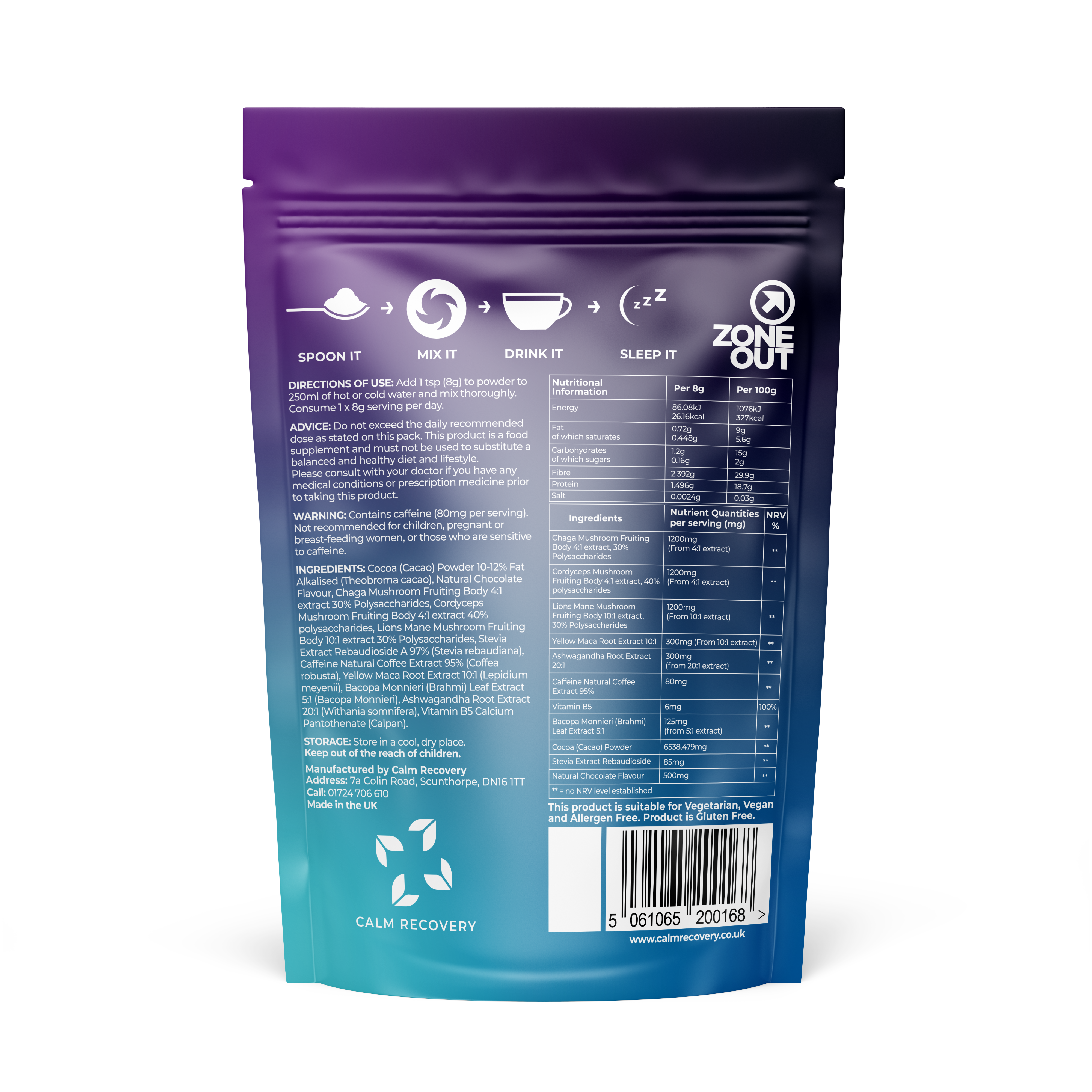 Zone Out Hot Chocolate Pouch showing ingredients and nutritional info